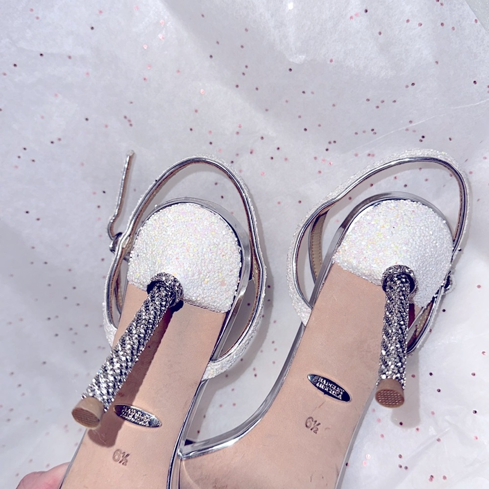Badgley Mischka Silver Glitter Strappy Heels - Picture 5 of 8